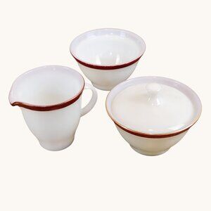 VTG Pyrex Milk Glass Burgandy Gold Stripe Creamer & Sugar + Xtra Bowl 1950-60s